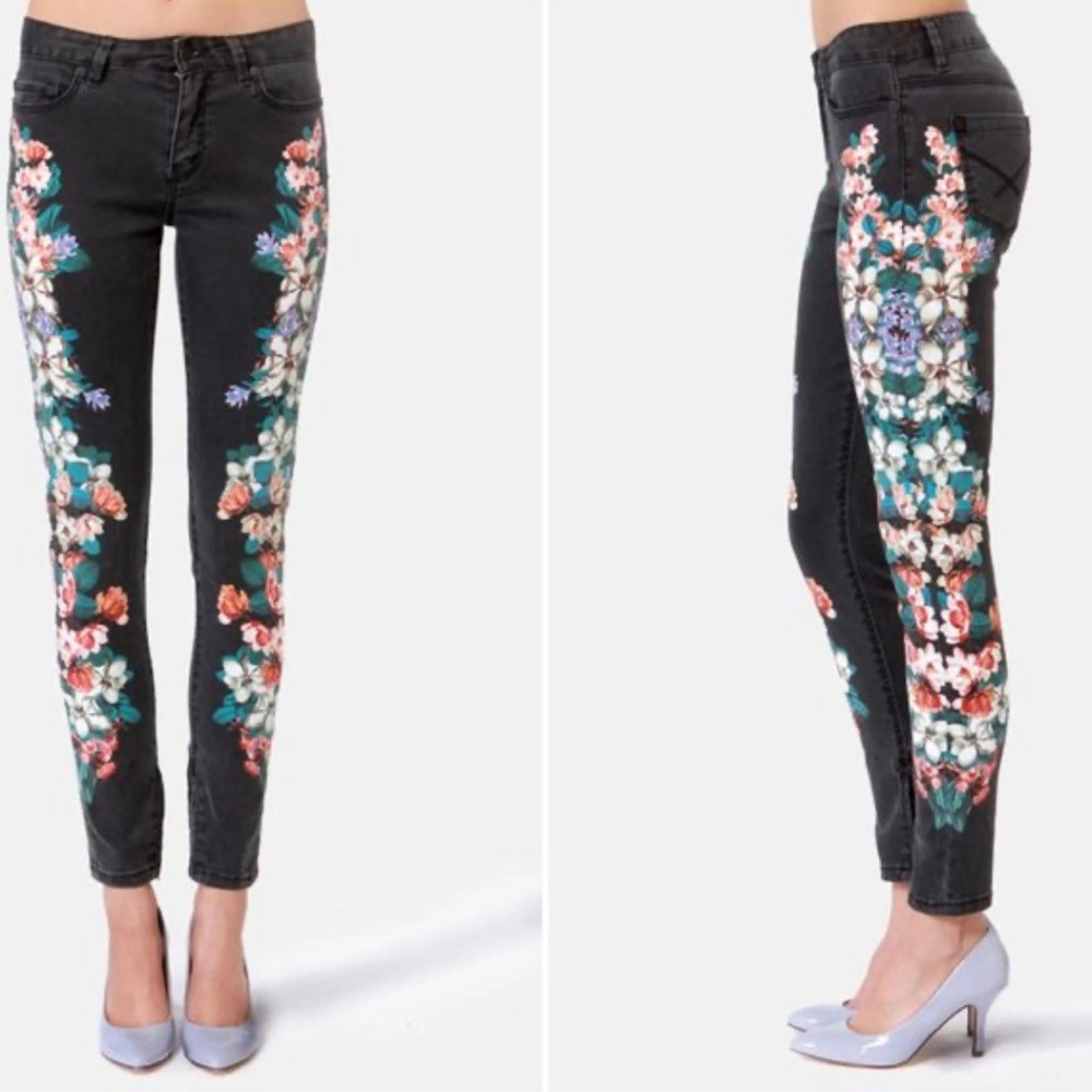 Insight Denim Python Art Floyd Black Floral Skinny Jeans Size 29